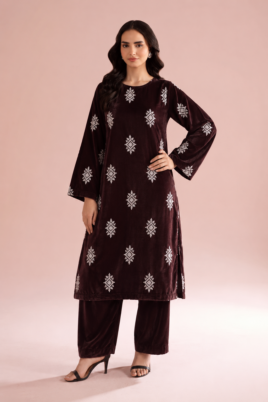 2 Piece Maroon Embroidered Velvet - Unstitched