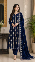 3 Piece Unstitched Embroidered Velvet Suit (Royal Blue)