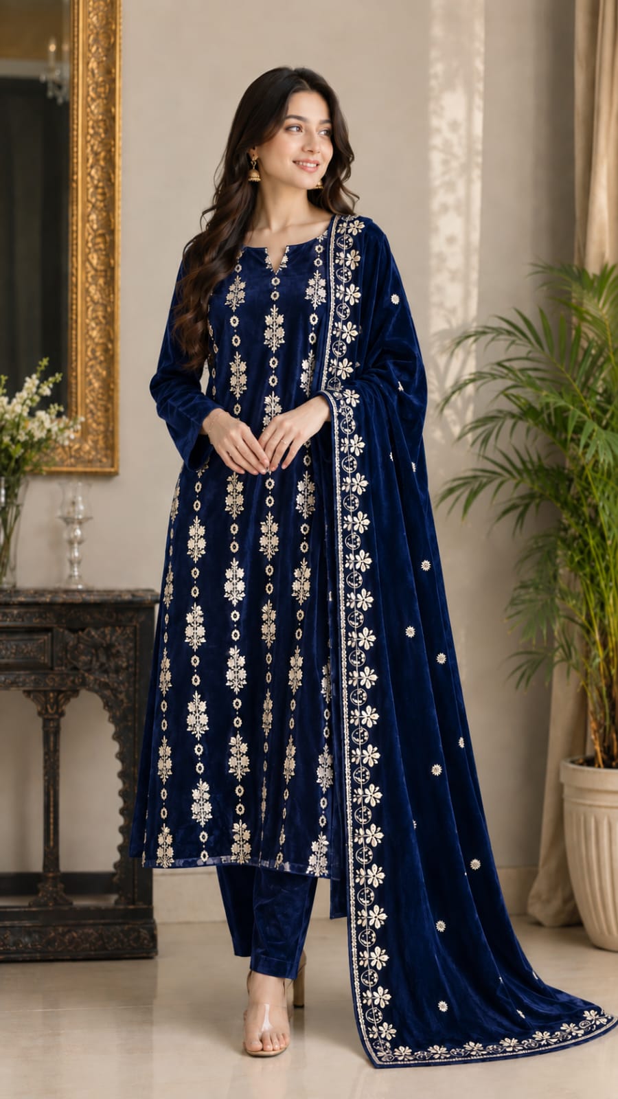 3 Piece Unstitched Embroidered Velvet Suit (Royal Blue)