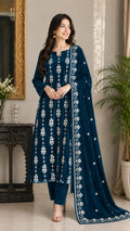 3 Piece Unstitched Embroidered Velvet Suit (Teal Green)