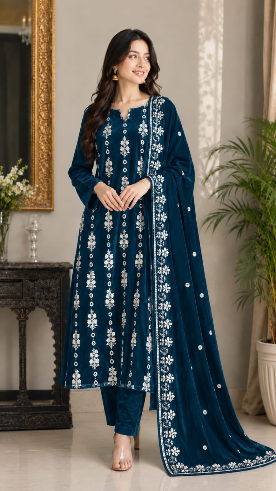 3 Piece Unstitched Embroidered Velvet Suit (Teal Green)