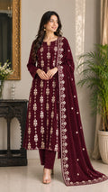 3 Piece Unstitched Embroidered Velvet Suit (Plum Maroon)
