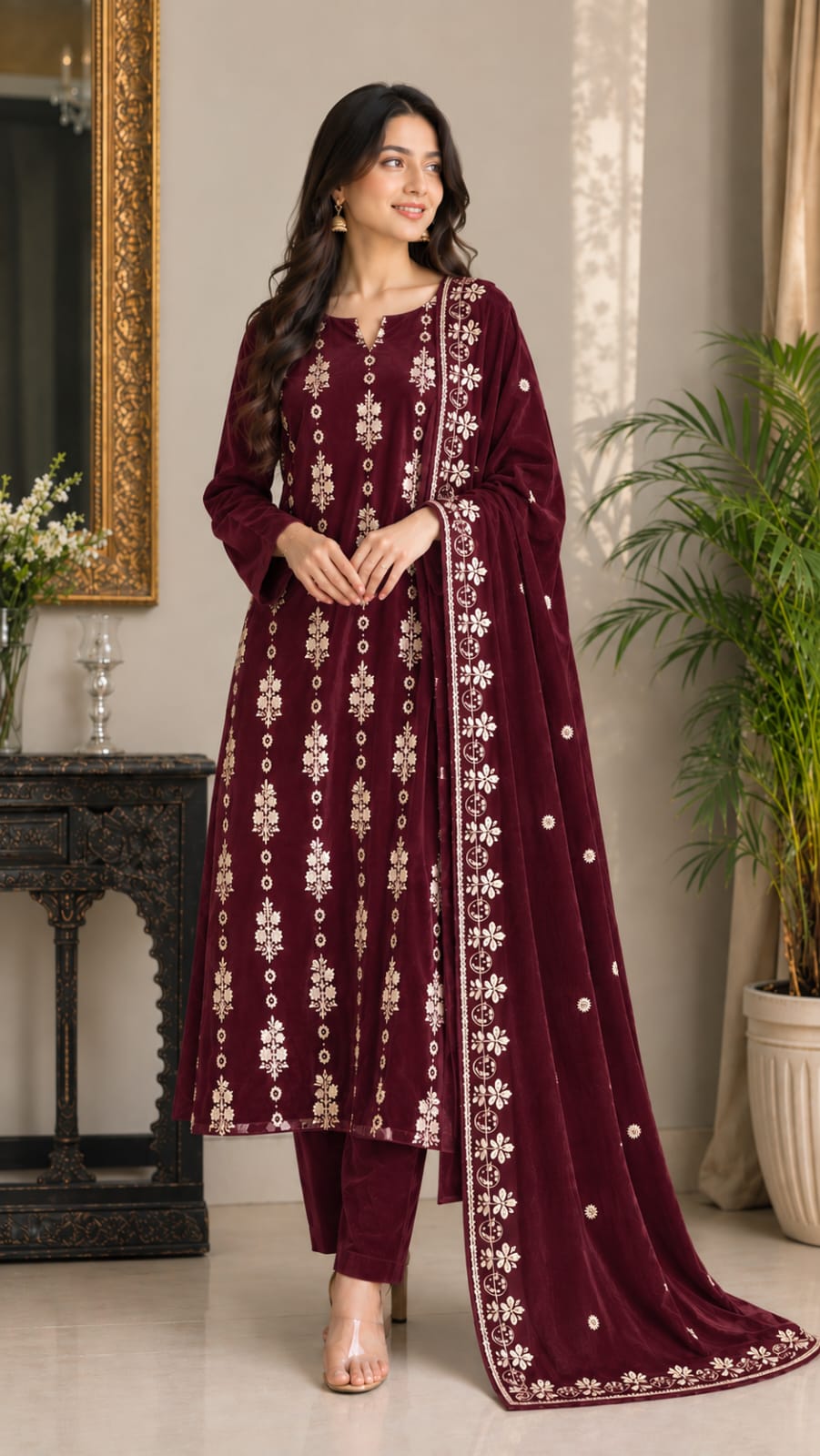 3 Piece Unstitched Embroidered Velvet Suit (Plum Maroon)