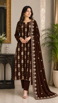 3 Piece Unstitched Embroidered Velvet Suit (Espresso Brown)