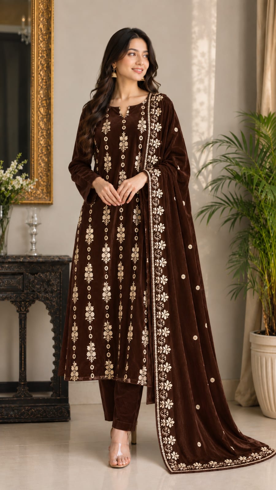 3 Piece Unstitched Embroidered Velvet Suit (Espresso Brown)