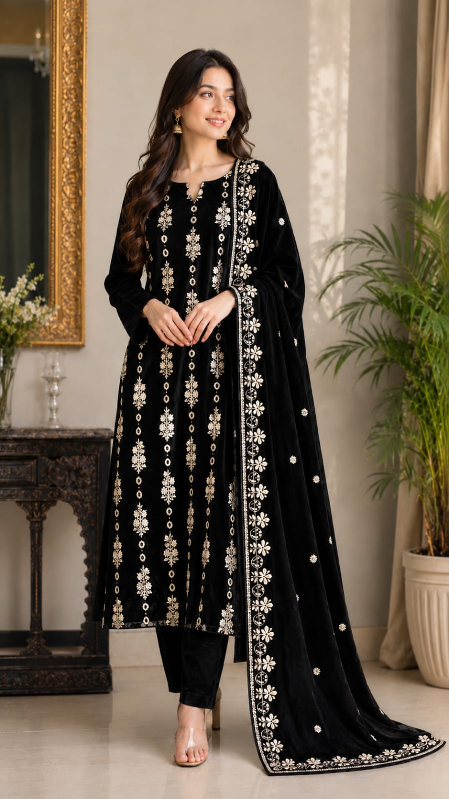 3 Piece Unstitched Embroidered Velvet Suit (Jet Black)