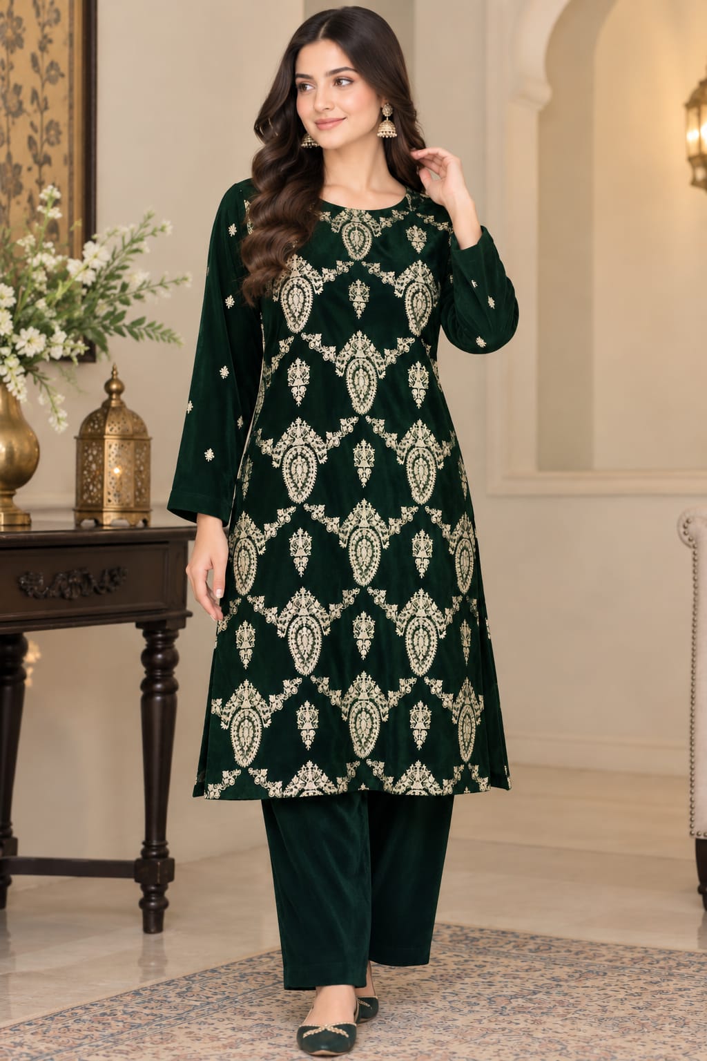 2 Piece Unstitched Embroidered Velvet Suit (Emerald Green)