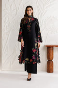 Black Floral Dhanak Marina 3 Piece Suit with Wool Shawl – Unstitched