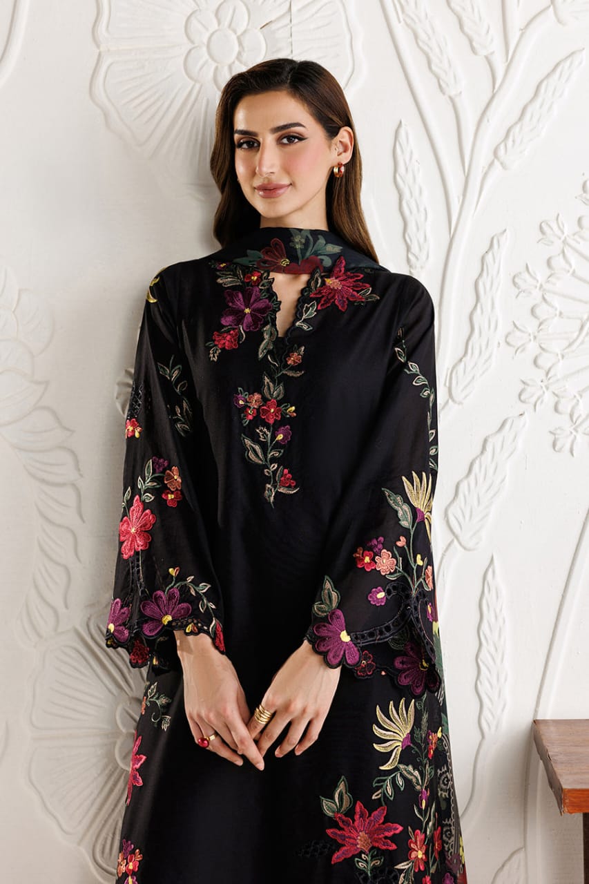 Black Floral Dhanak Marina 3 Piece Suit with Wool Shawl – Unstitched