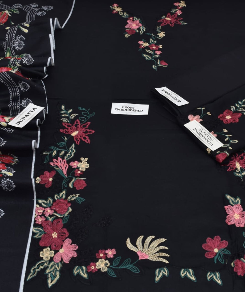 Black Floral Dhanak Marina 3 Piece Suit with Wool Shawl – Unstitched