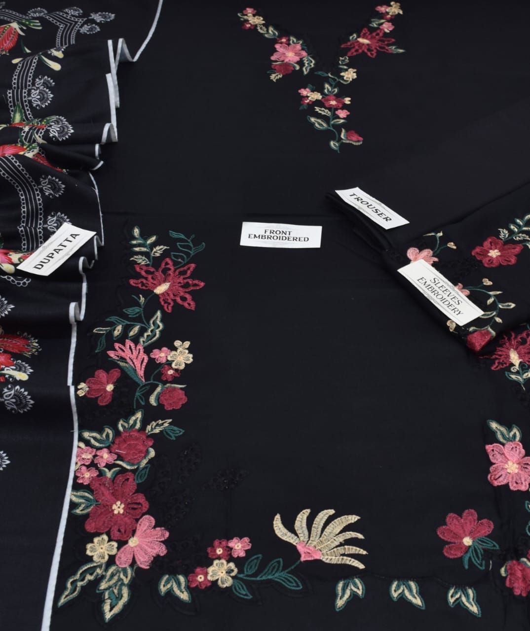 Black Floral Dhanak Marina 3 Piece Suit with Wool Shawl – Unstitched