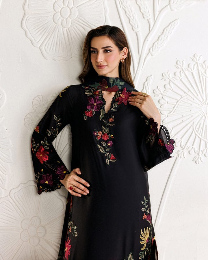 Black Floral Dhanak Marina 3 Piece Suit with Wool Shawl – Unstitched