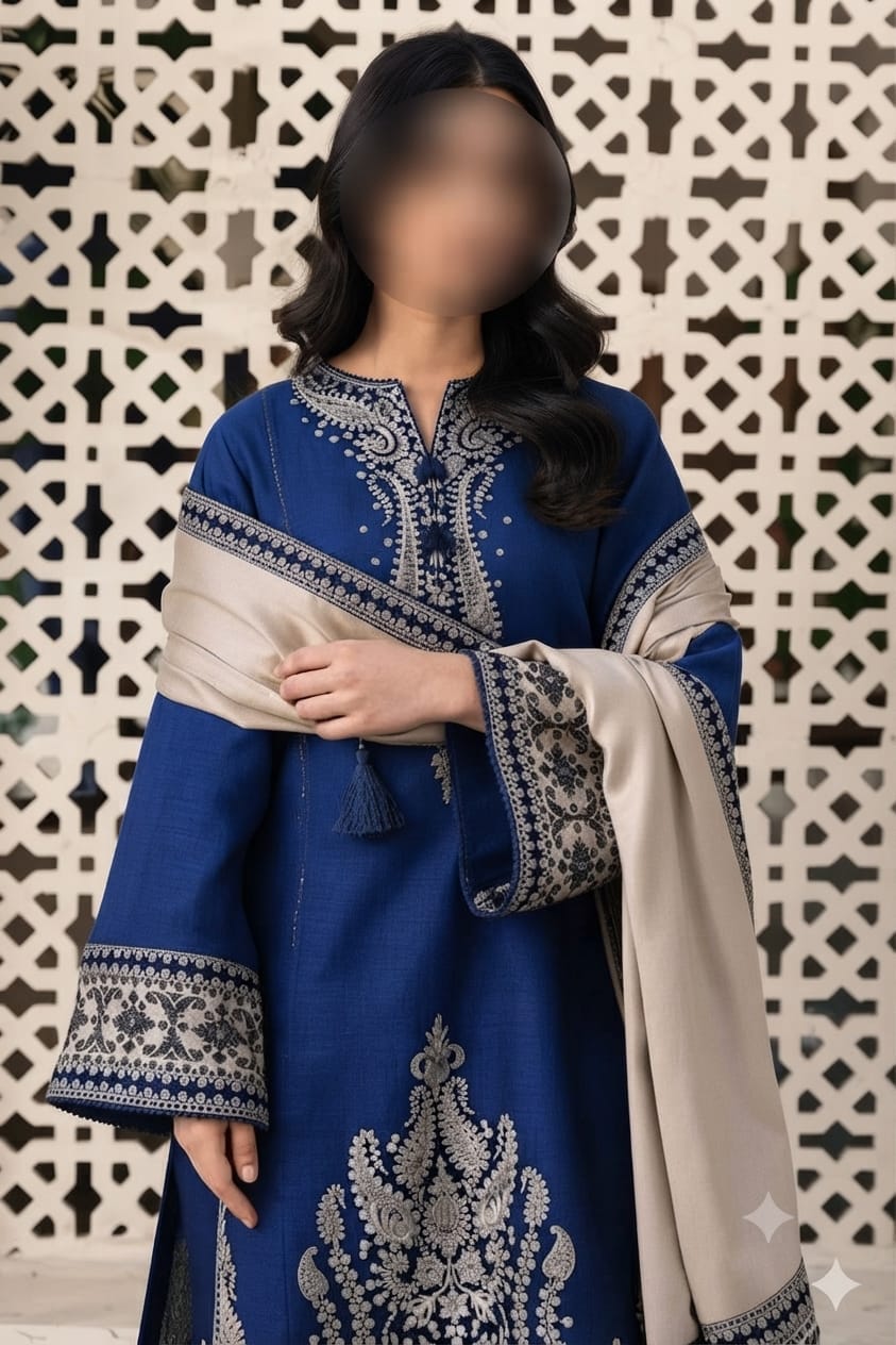 Dhanak 3-Piece Suit with Wool Shawl – Navy Blue