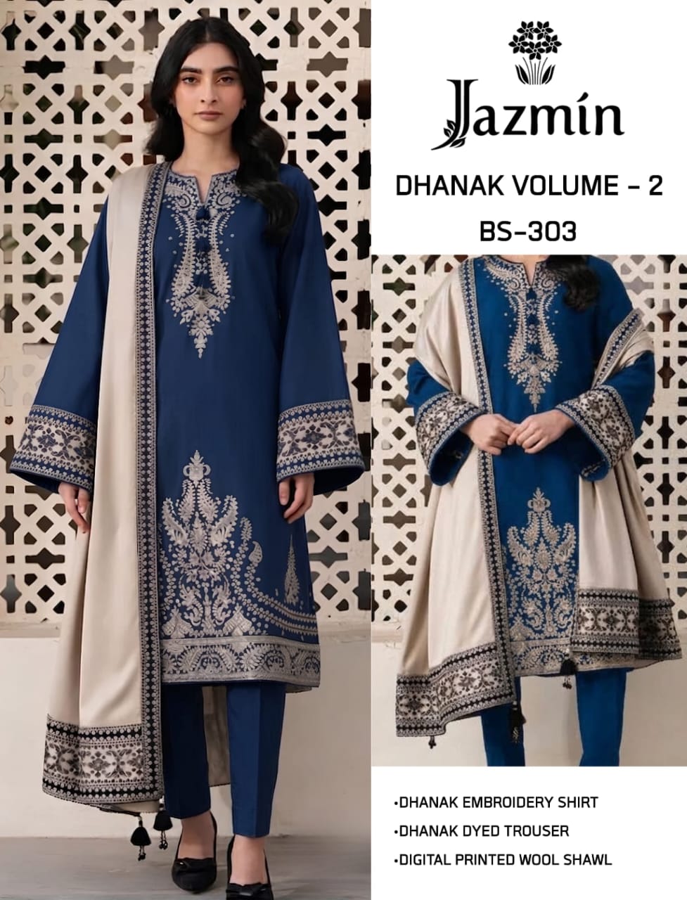 Dhanak 3-Piece Suit with Wool Shawl – Navy Blue
