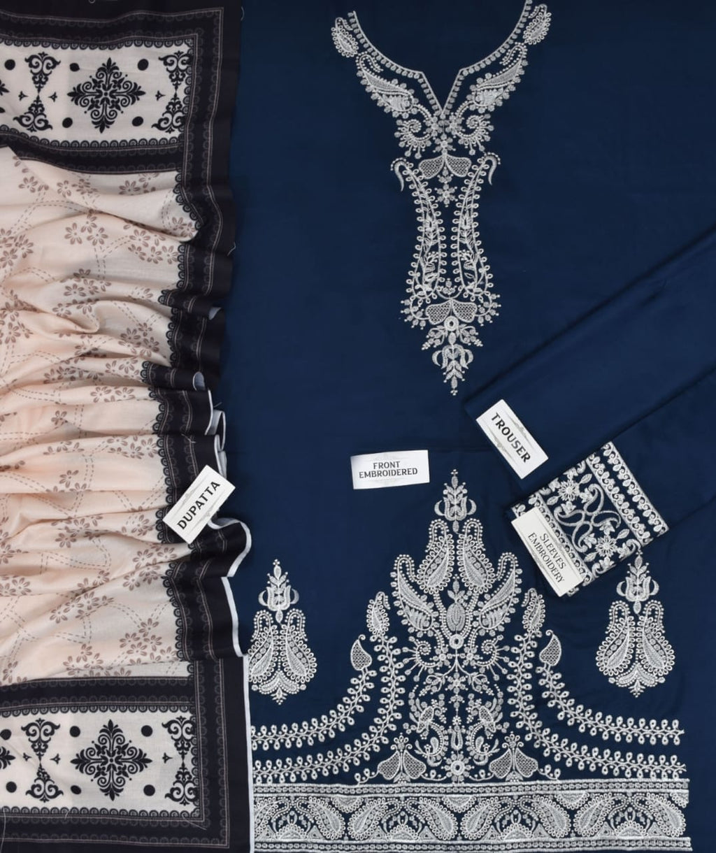 Dhanak 3-Piece Suit with Wool Shawl – Navy Blue