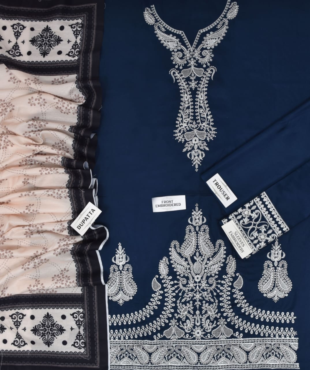 Dhanak 3-Piece Suit with Wool Shawl – Navy Blue