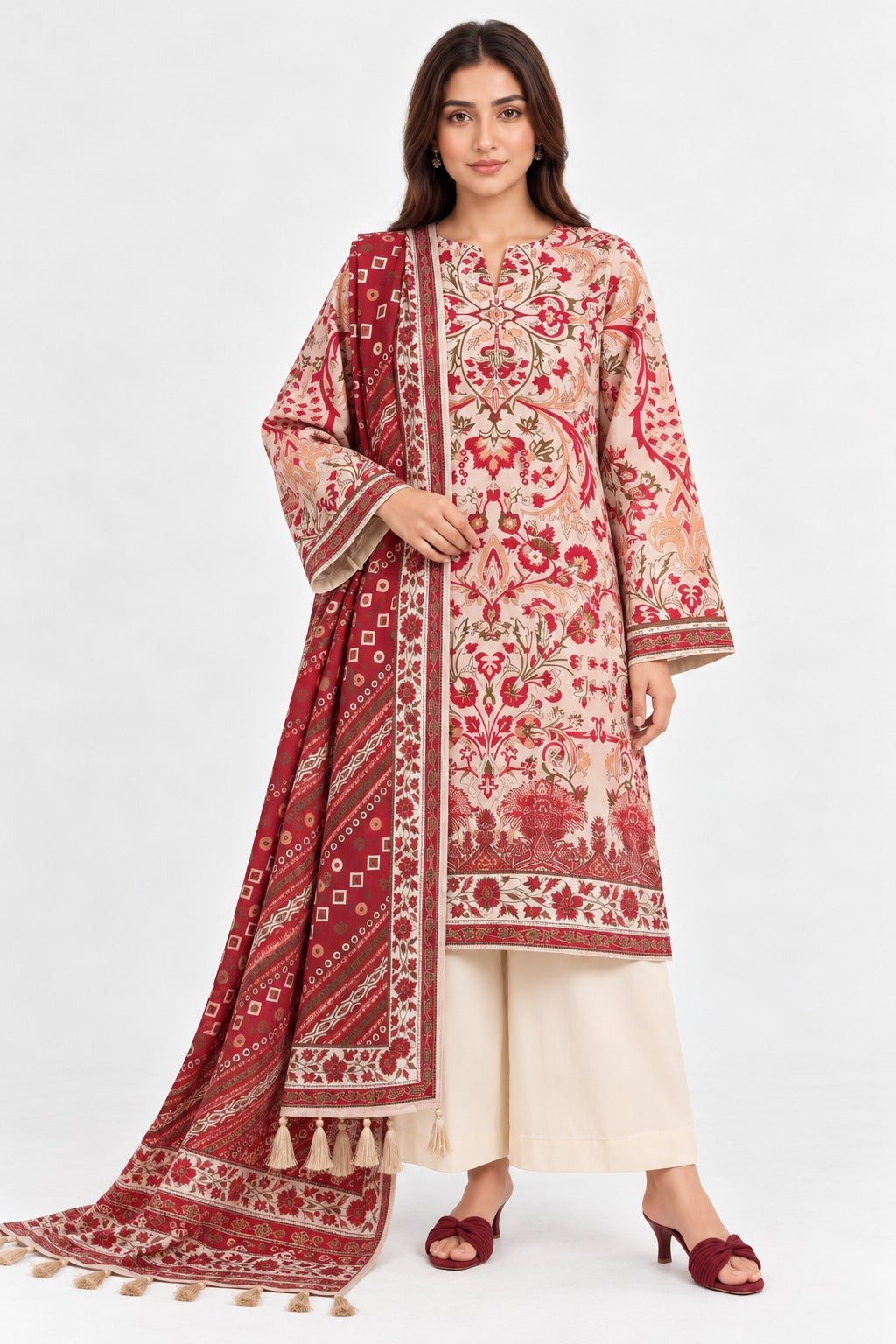 Bonanza Satrangi Premium Khaddar 3 Piece Suit – Red & Cream