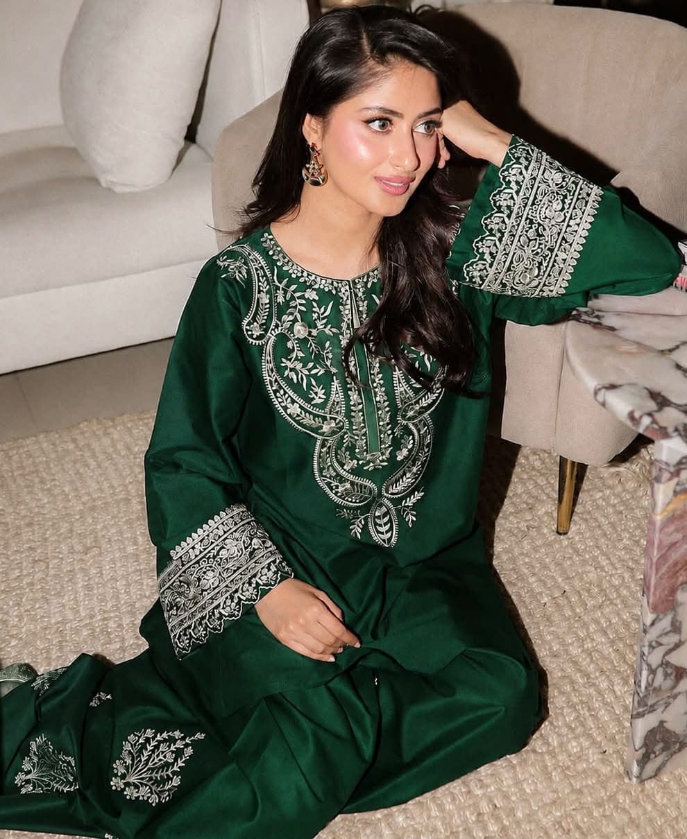 Emerald Green Embroidered Silk 2-Piece Unstitched Suit