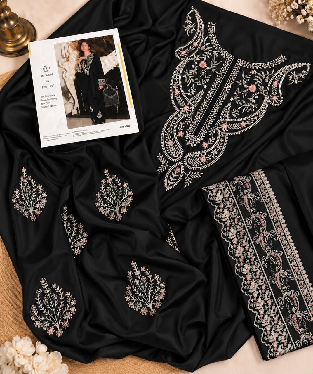 Classic Black Embroidered Silk 2-Piece Unstitched Suit