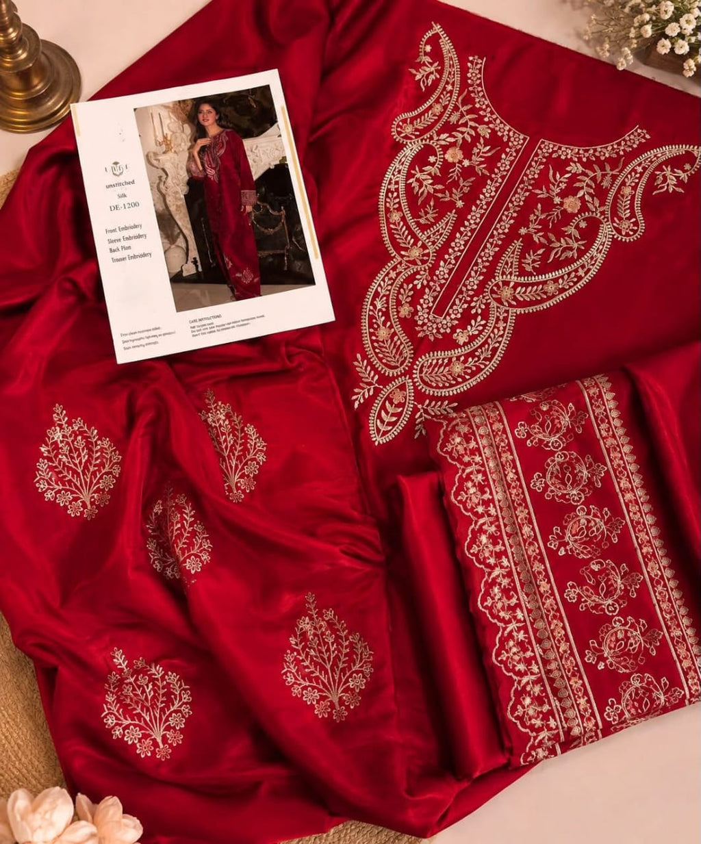 Deep Red Embroidered Silk 2-Piece Unstitched Suit