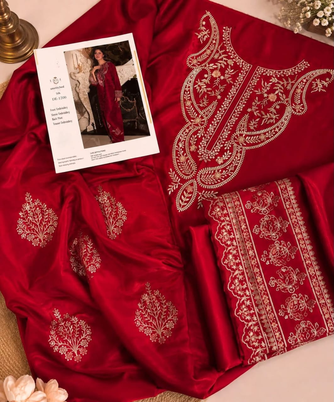 Deep Red Embroidered Silk 2-Piece Unstitched Suit
