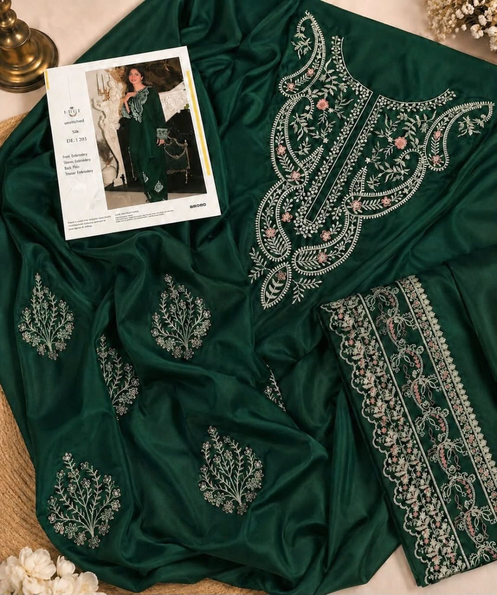Emerald Green Embroidered Silk 2-Piece Unstitched Suit