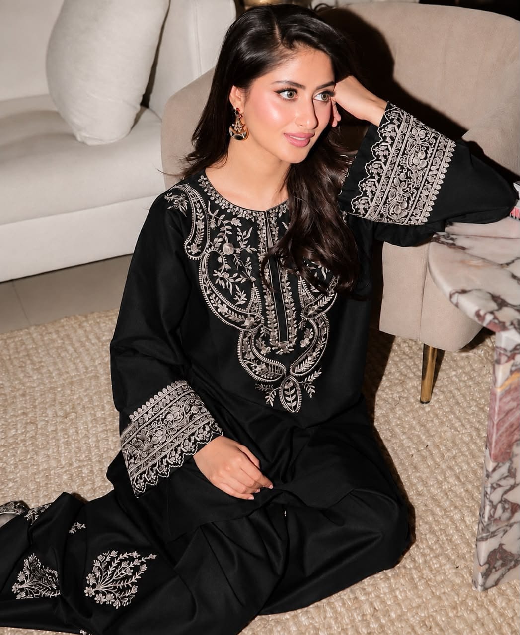 Classic Black Embroidered Silk 2-Piece Unstitched Suit