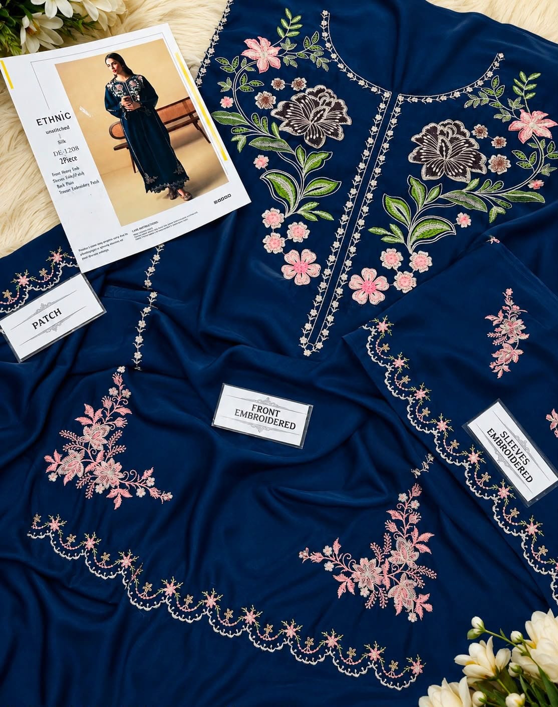 Navy blue Dhanak Marina embroidered chikankari fabric