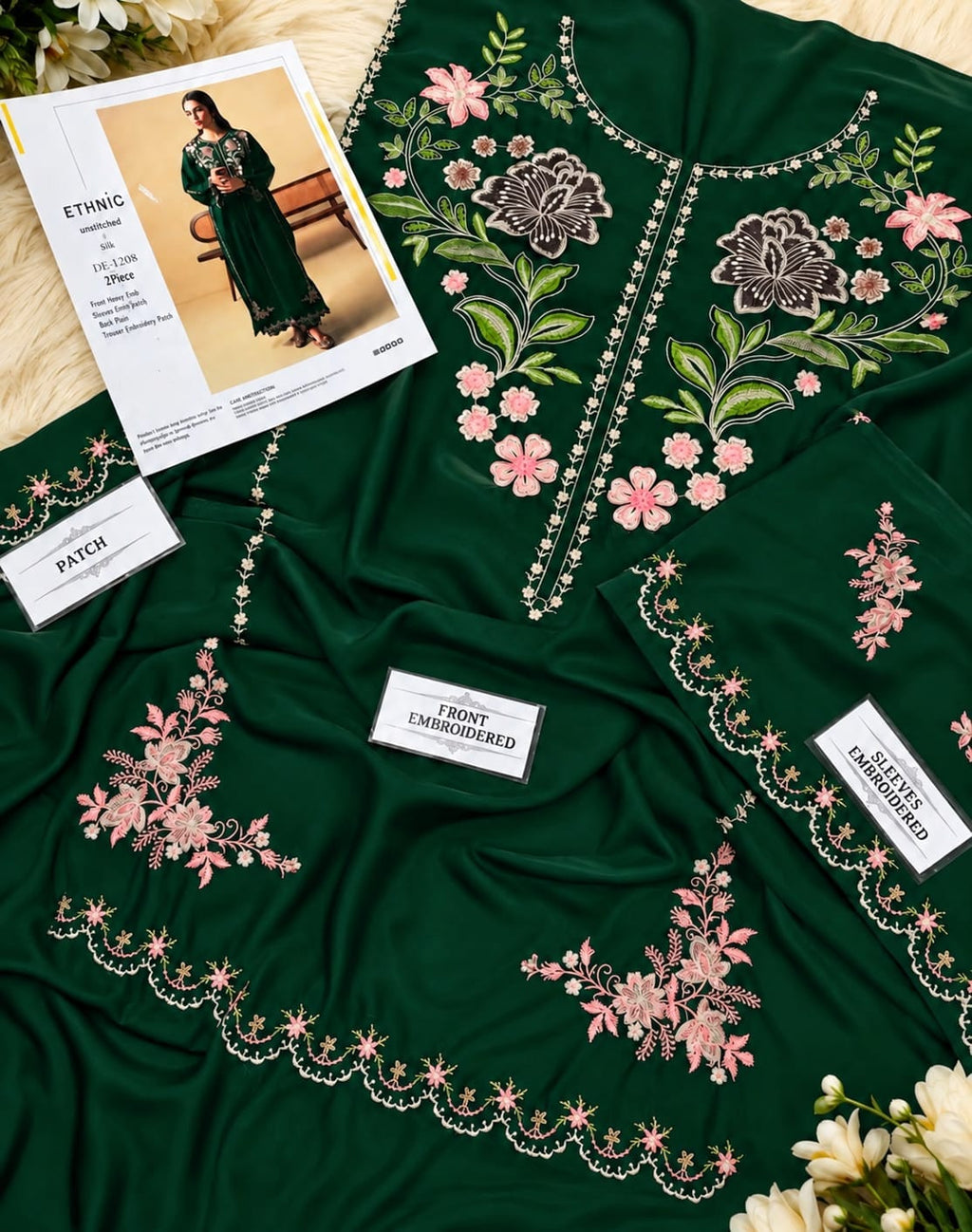 Bottle green Dhanak Marina embroidered chikankari suit on model