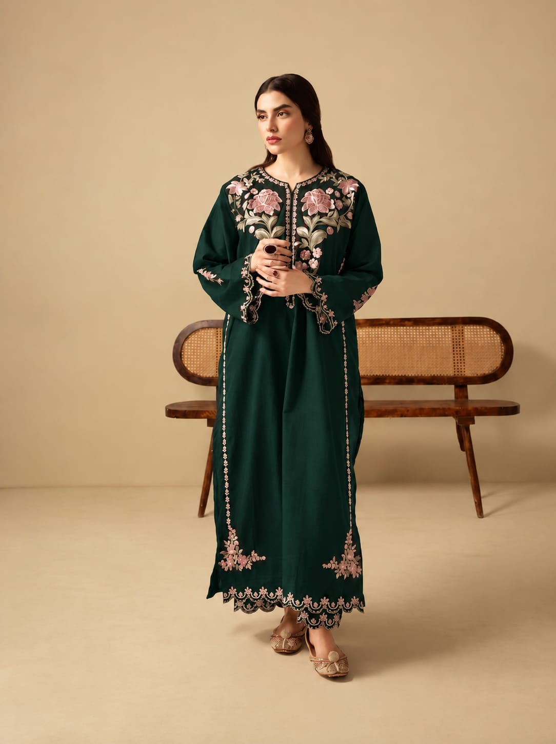 Bottle green Dhanak Marina embroidered chikankari fabric