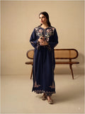 Navy blue Dhanak Marina embroidered chikankari suit on model