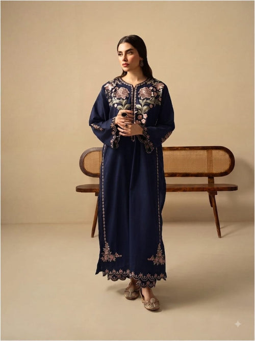 Navy blue Dhanak Marina embroidered chikankari suit on model