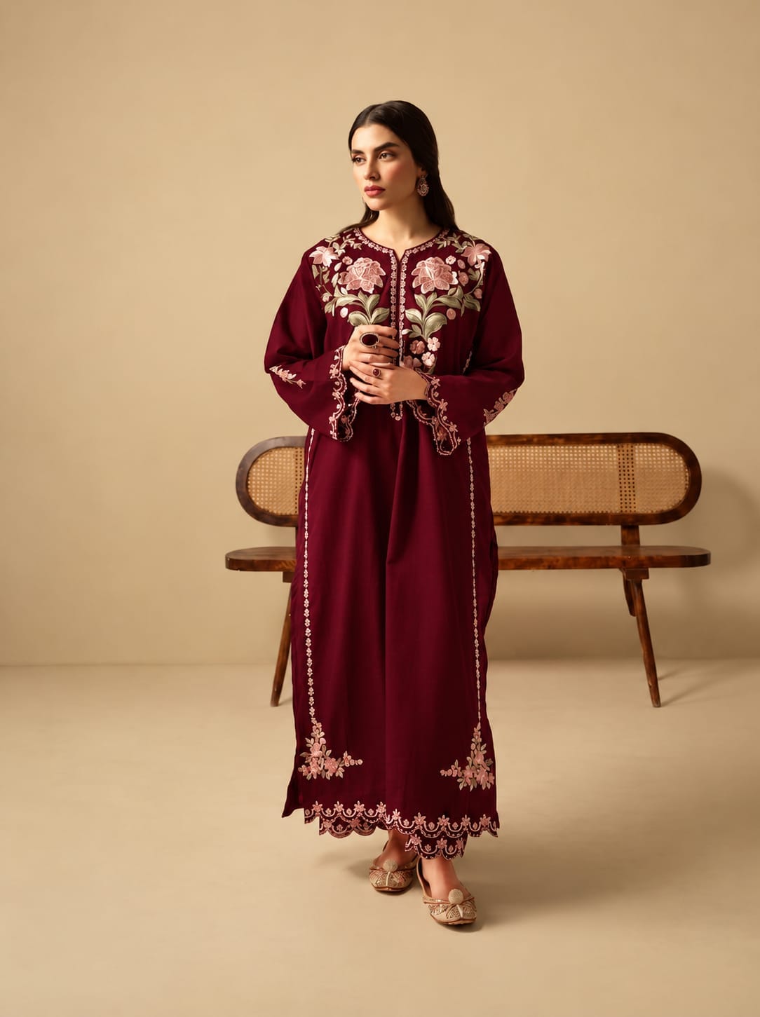 Maroon Dhanak Marina embroidered chikankari suit on model