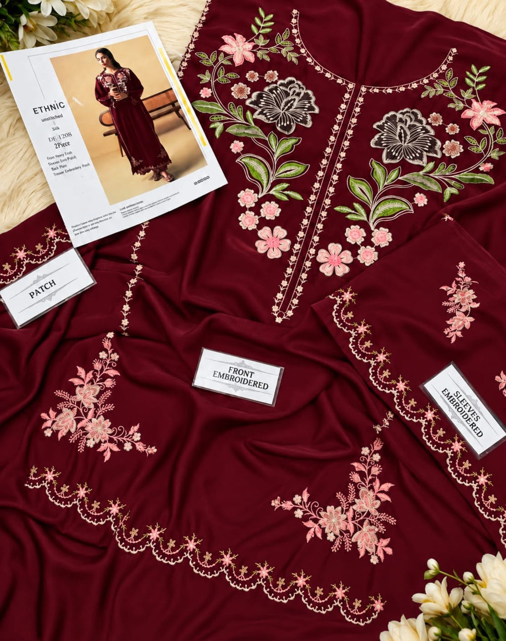 Maroon Dhanak Marina embroidered chikankari fabric