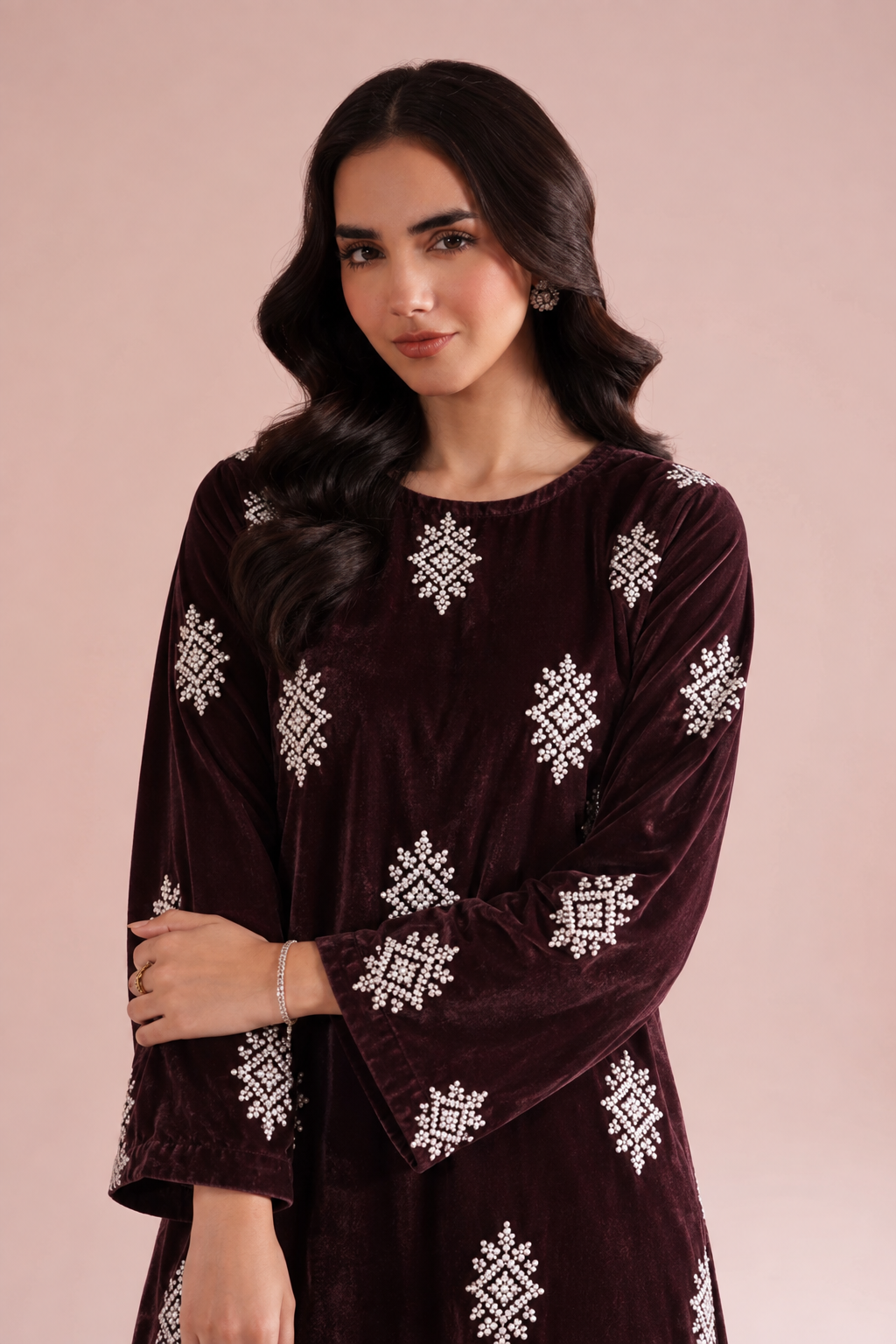 2 Piece Maroon Embroidered Velvet - Unstitched