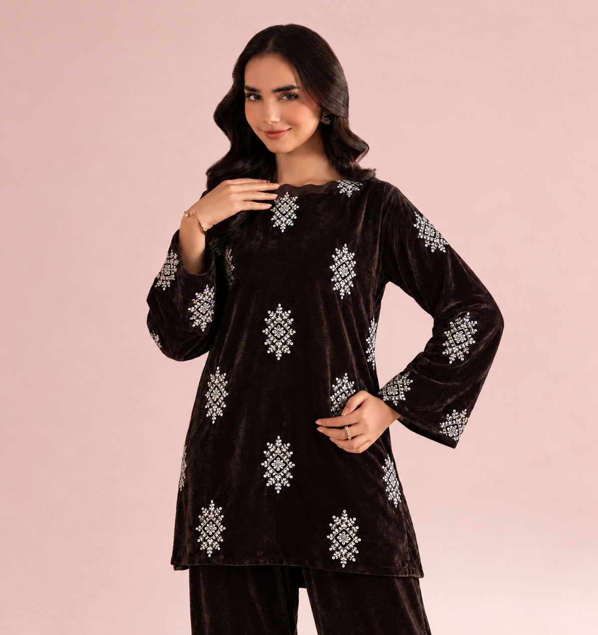 2 Piece  Chocolate Embroidered Velvet - Unstitched