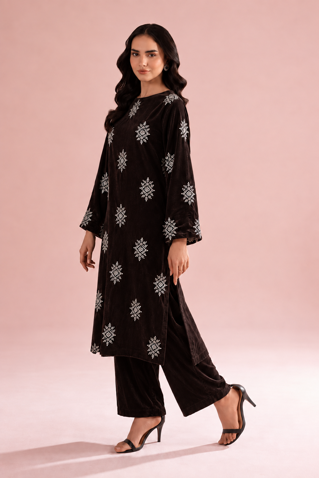 2 Piece  Chocolate Embroidered Velvet - Unstitched