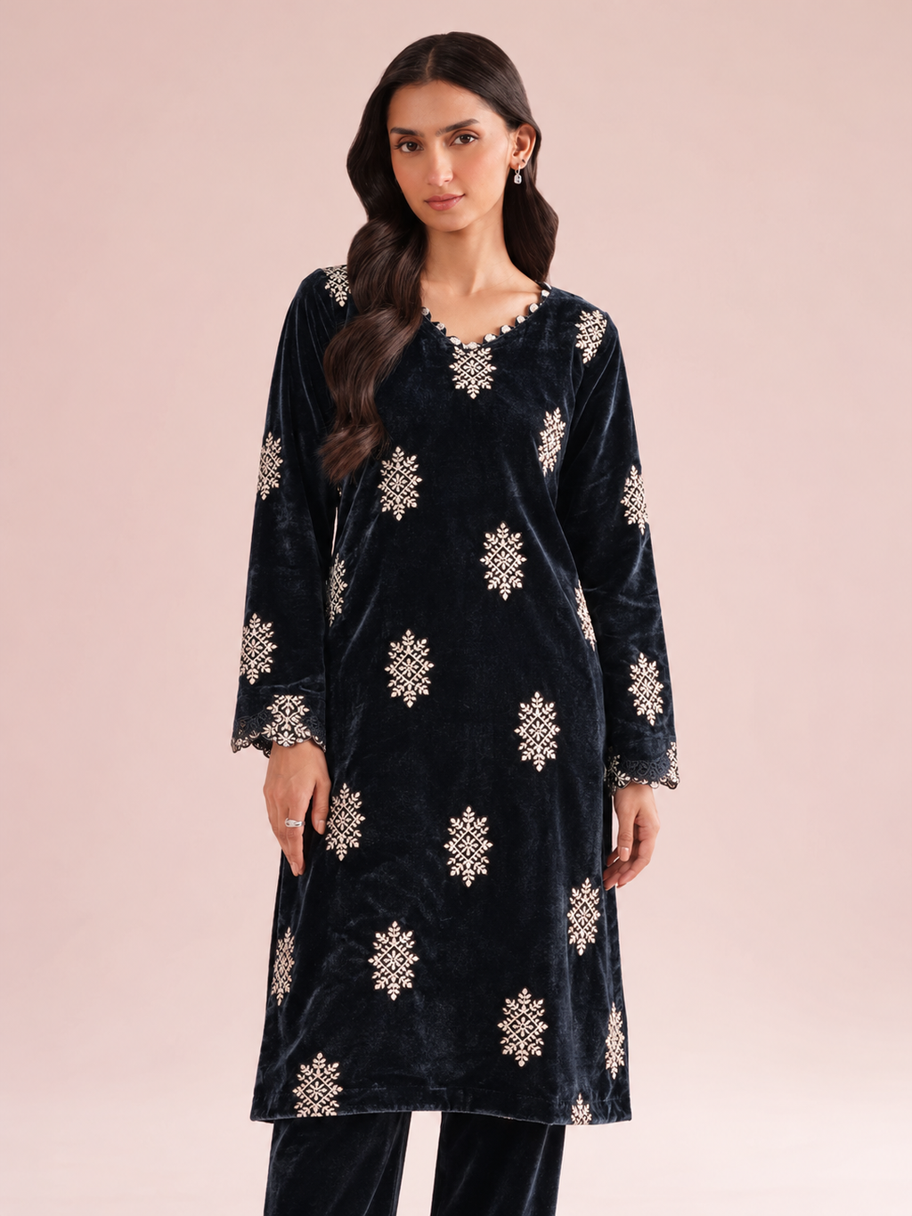 2 Piece Navy Embroidered Velvet - Unstitched