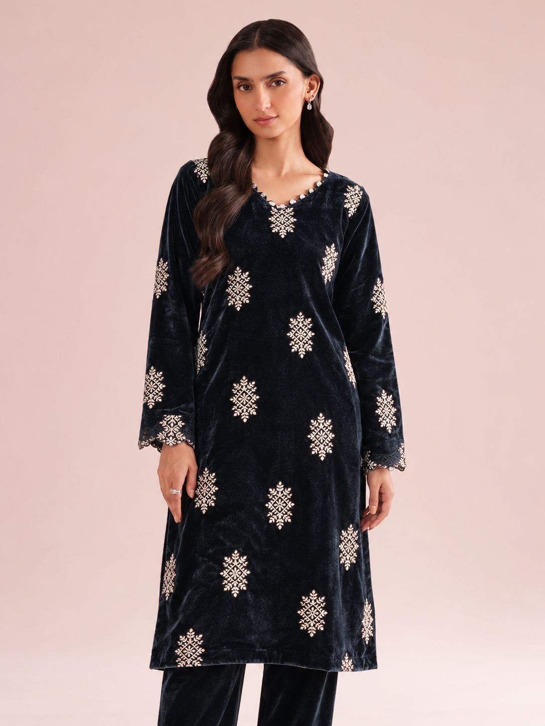 2 Piece Navy Embroidered Velvet - Unstitched